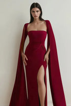Maroon Extended Cape Sleeve Maxi Dress