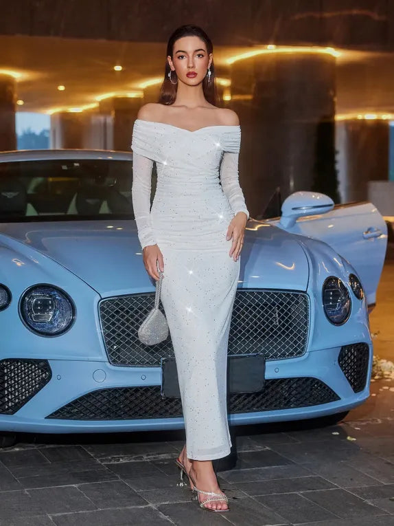 White Embellished Off Shoulder Dress