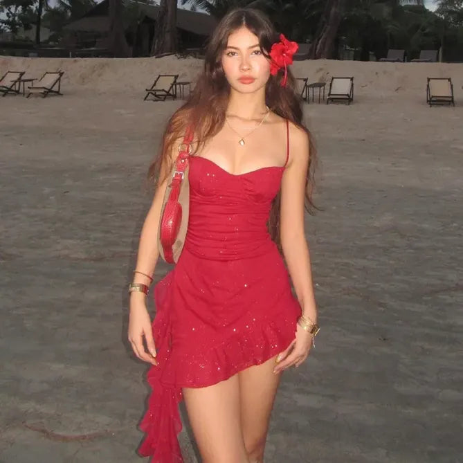 Red Glitter Ruffles Detail Slip Micro Mini Dress