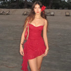 Red Glitter Ruffles Detail Slip Micro Mini Dress