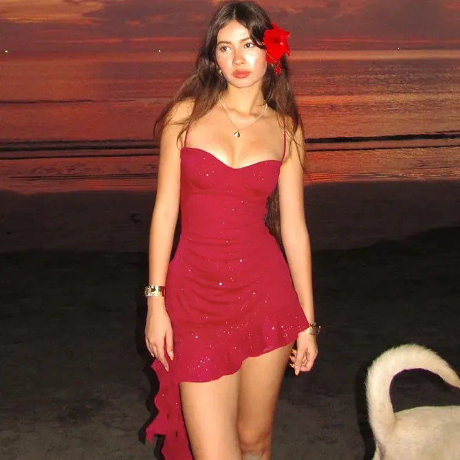 Red Glitter Ruffles Detail Slip Micro Mini Dress