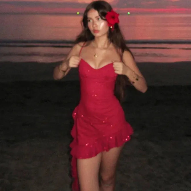 Red Glitter Ruffles Detail Slip Micro Mini Dress