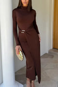 Dark Brown Ruched Wrap Maxi Dress