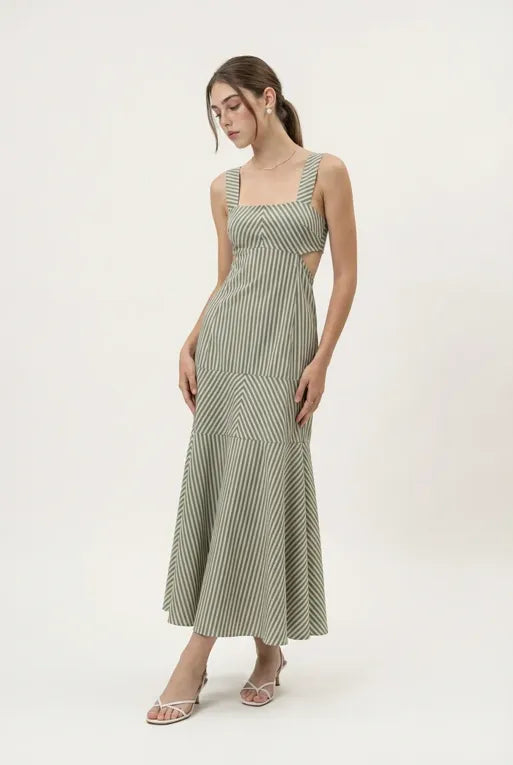 White Striped Sqaure Neck Maxi Dress