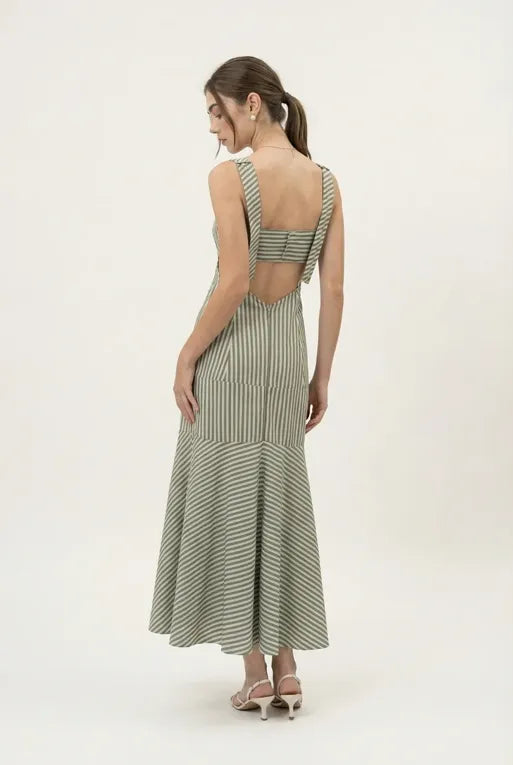 White Striped Sqaure Neck Maxi Dress