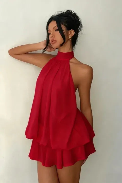 Red Solid Tiered Mini Halter Dress