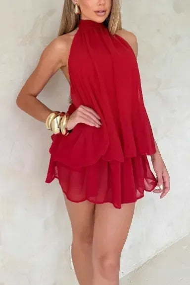 Red Solid Tiered Mini Halter Dress