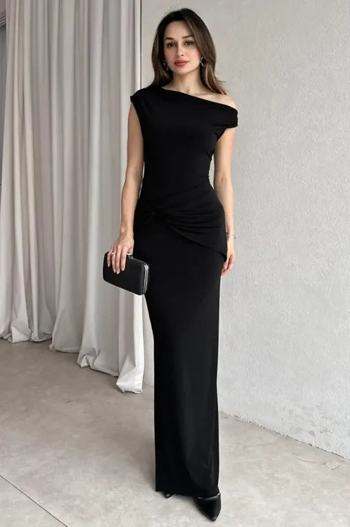 Black One Shoulder Ruched Maxi Dress