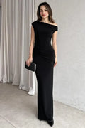Black One Shoulder Ruched Maxi Dress