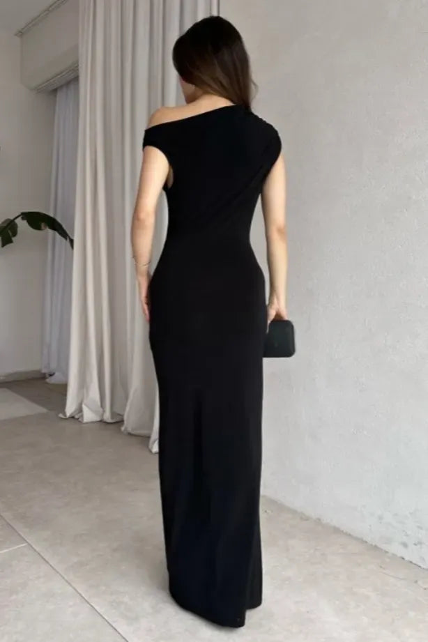 Black One Shoulder Ruched Maxi Dress