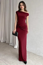 Maroon One Shoulder Ruched Maxi Dress