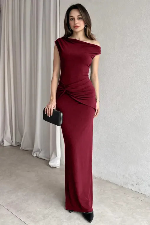 Maroon One Shoulder Ruched Maxi Dress