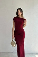 Maroon One Shoulder Ruched Maxi Dress