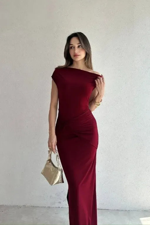 Maroon One Shoulder Ruched Maxi Dress