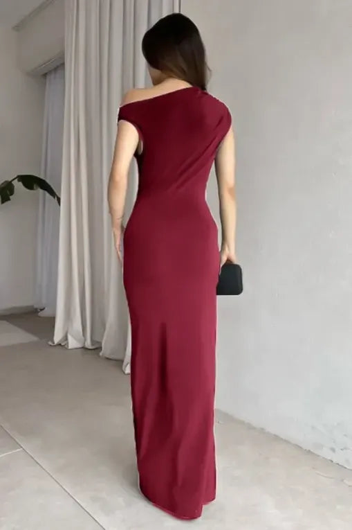 Maroon One Shoulder Ruched Maxi Dress