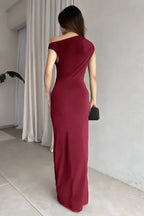 Maroon One Shoulder Ruched Maxi Dress