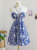 White Ethnic Print Fit Flare Mini Dress