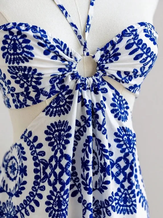White Ethnic Print Fit Flare Mini Dress
