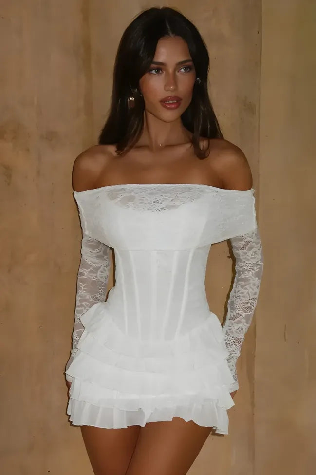White Off Shoulder Ruffled Mini Dress