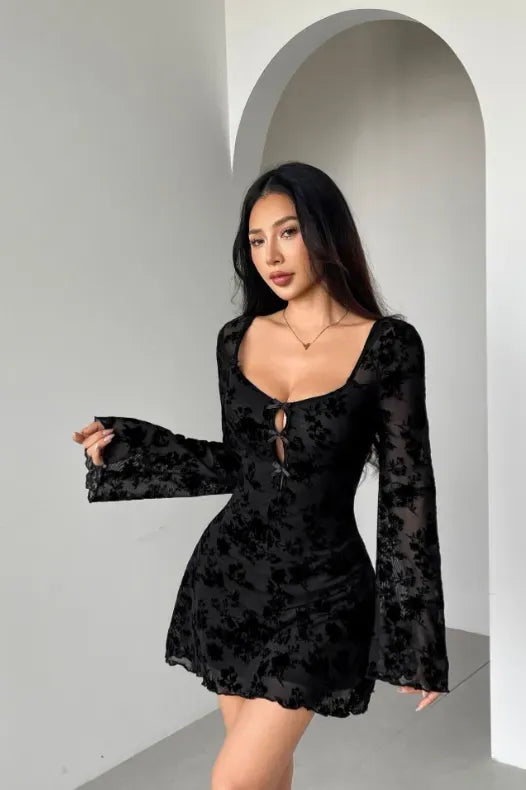 Black Scoop Neck Lace Mini Dress