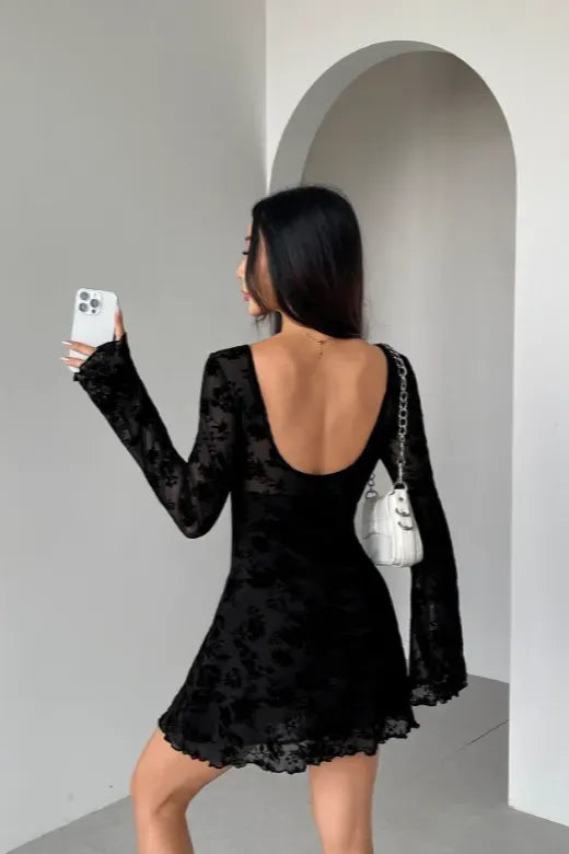 Black Scoop Neck Lace Mini Dress