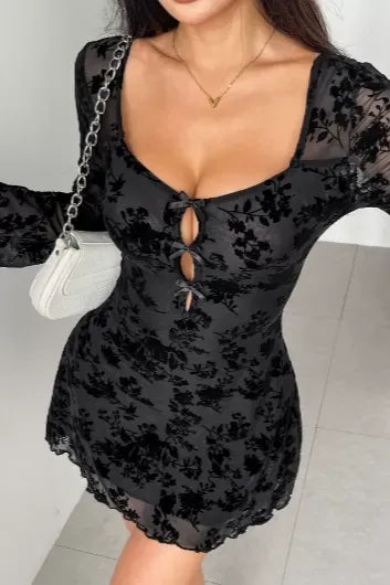 Black Scoop Neck Lace Mini Dress