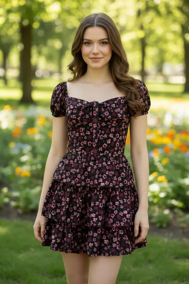 Black Floral Tie-Up Mini Dress