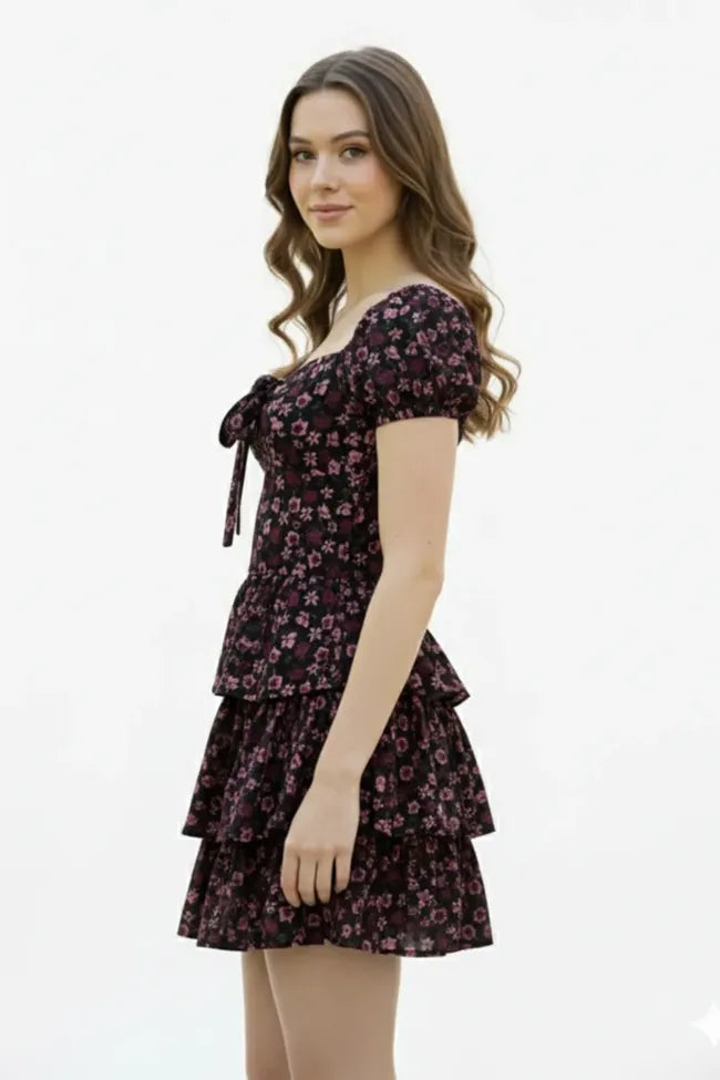 Black Floral Tie-Up Mini Dress