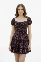 Black Floral Tie-Up Mini Dress