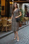Beige Leopard Print V-Neck Midi Dress
