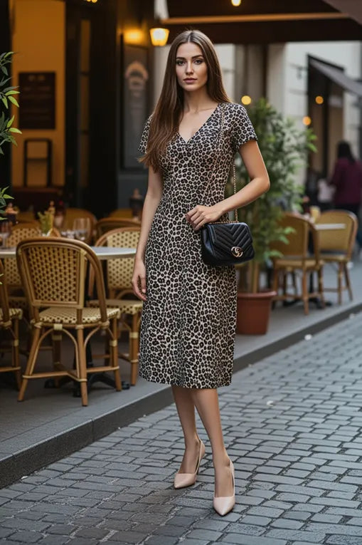 Beige Leopard Print V-Neck Midi Dress