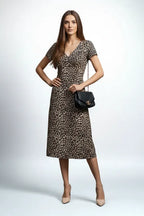 Beige Leopard Print V-Neck Midi Dress