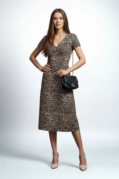 Beige Leopard Print V-Neck Midi Dress