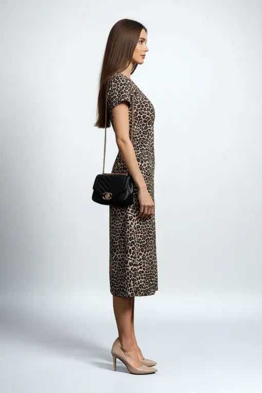 Beige Leopard Print V-Neck Midi Dress