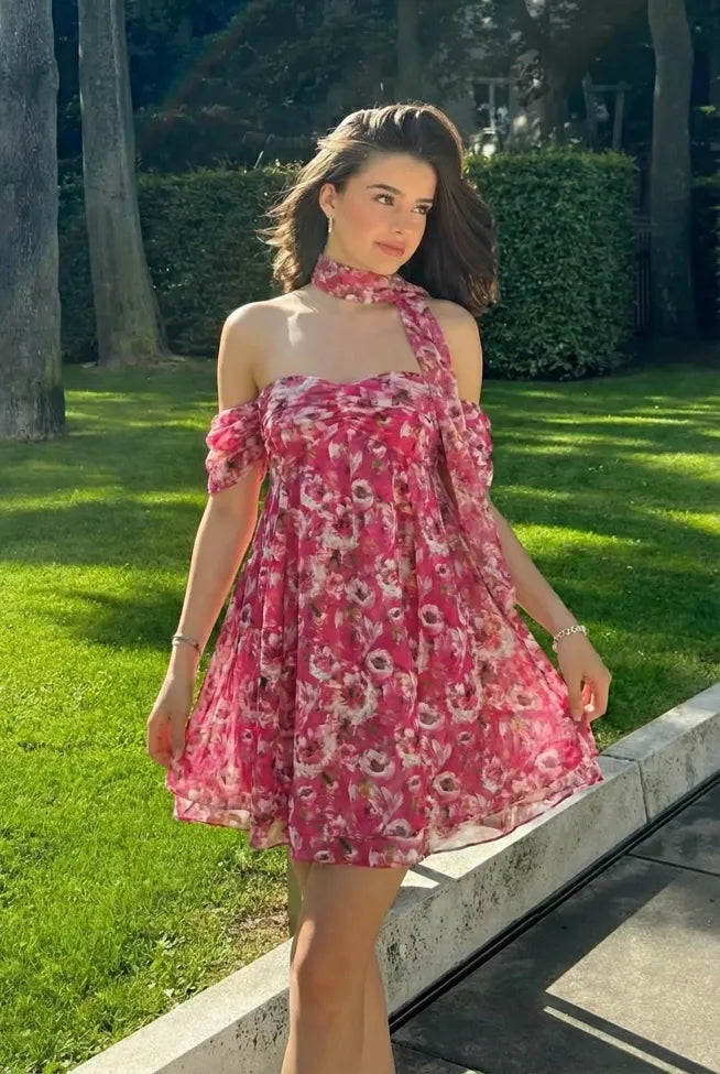 Pink Floral Off Shoulder Mini Dress