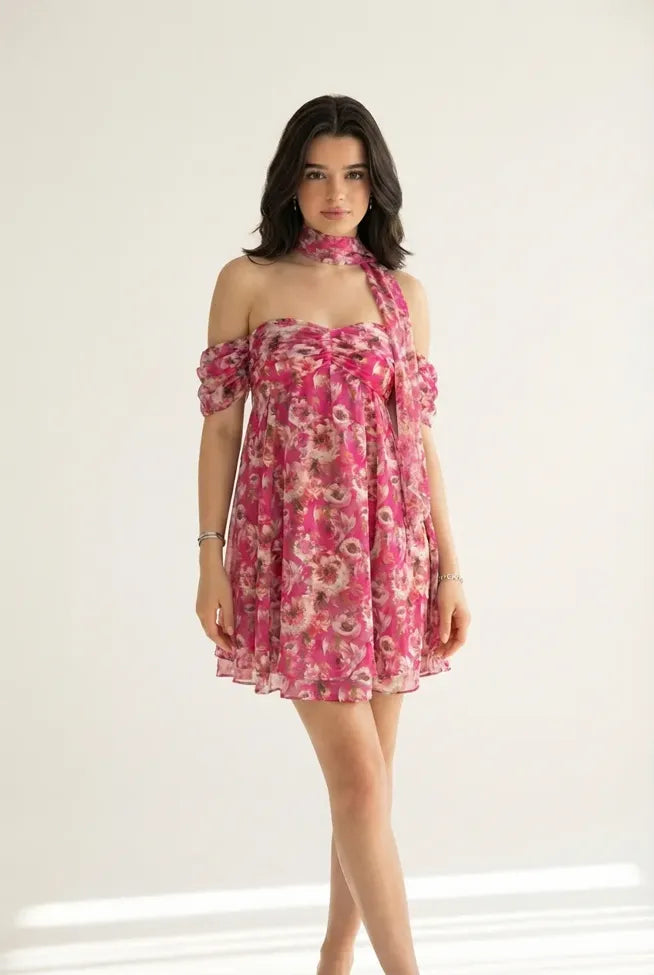 Pink Floral Off Shoulder Mini Dress