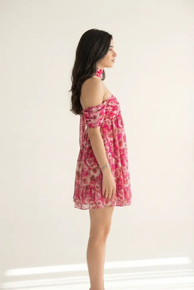 Pink Floral Off Shoulder Mini Dress