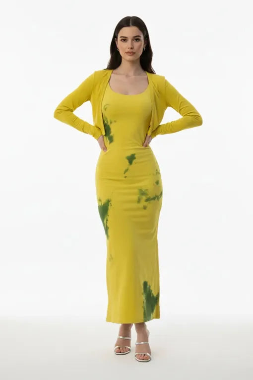 Yellow Tie-Dye Maxi Dress With Shrug