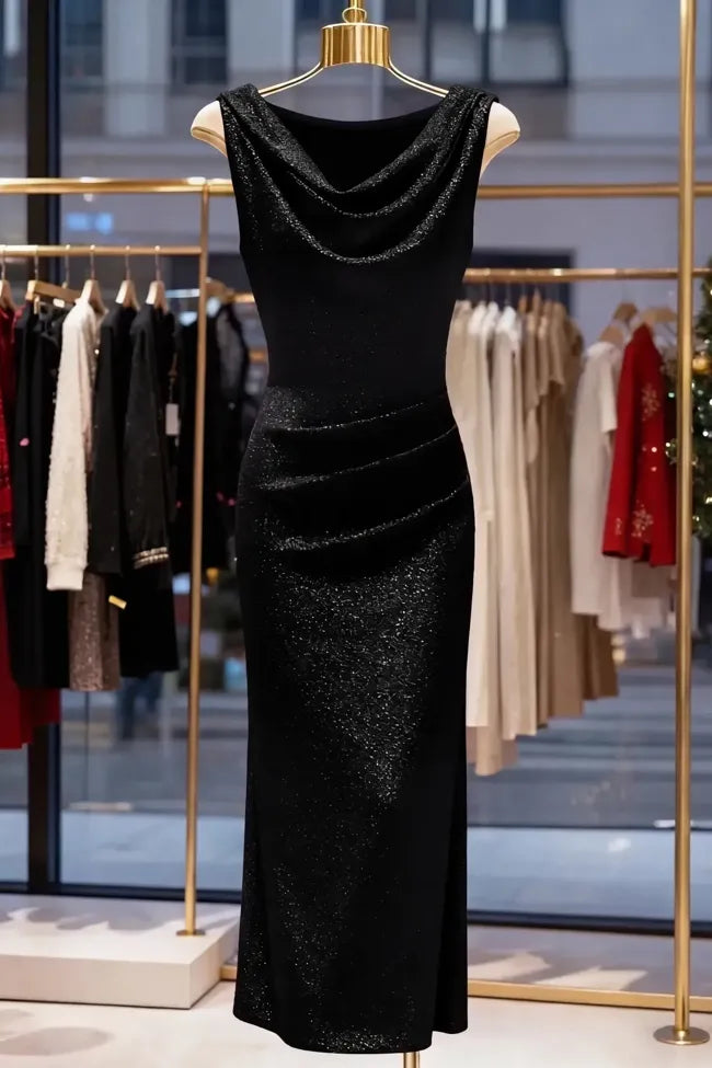 Black Cowl Neck Midi Dress