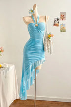 Light Blue Ruched Halter Midi Dress