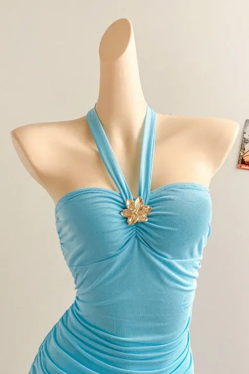 Light Blue Ruched Halter Midi Dress