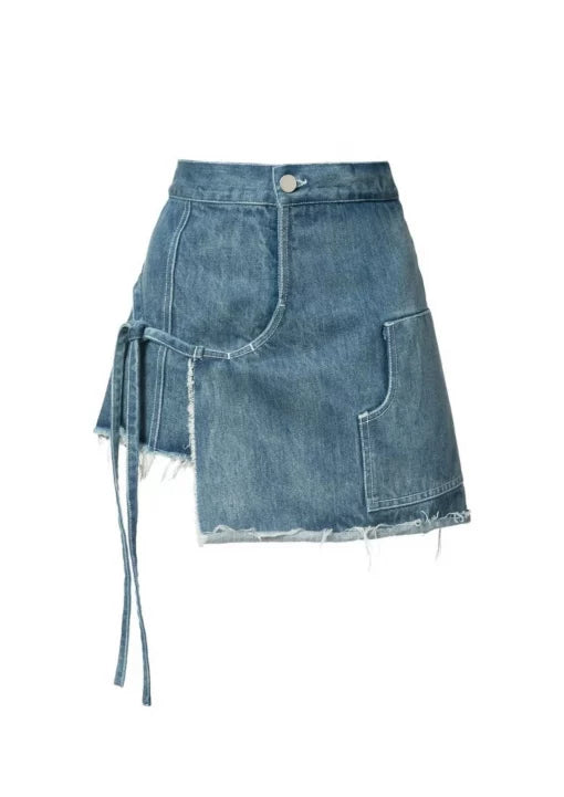 Frayed Hem Wrap Denim Skirt