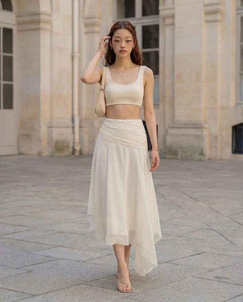 Off White Draped Asymmetric Skirt