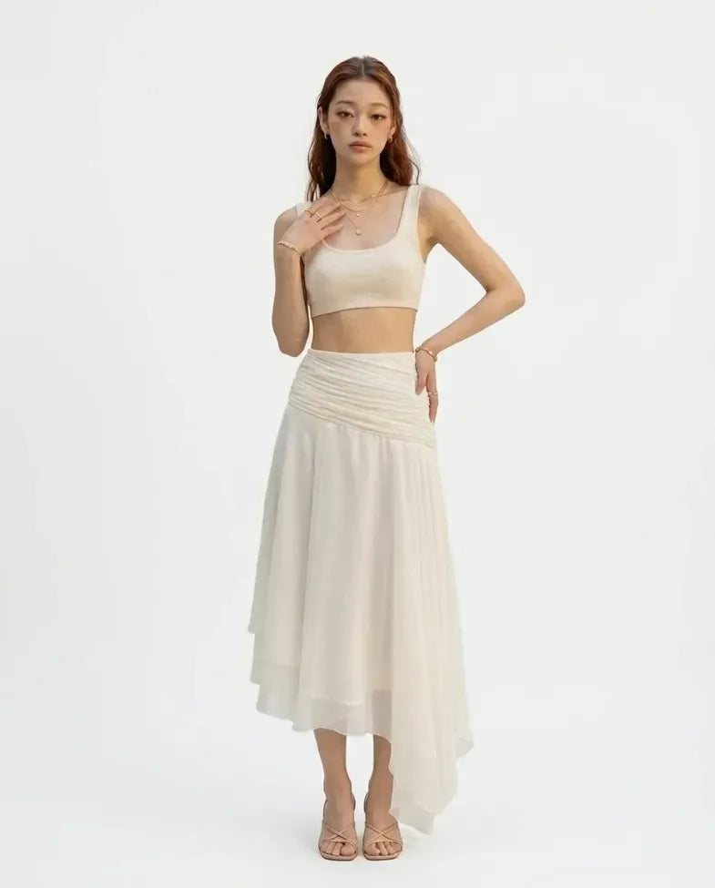 Off White Draped Asymmetric Skirt