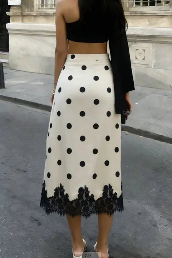 White Polka Dot Lace Midi Skirt
