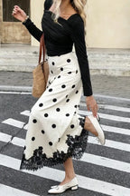 White Polka Dot Lace Midi Skirt