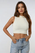 Off-White Solid High-Neck Crop Top