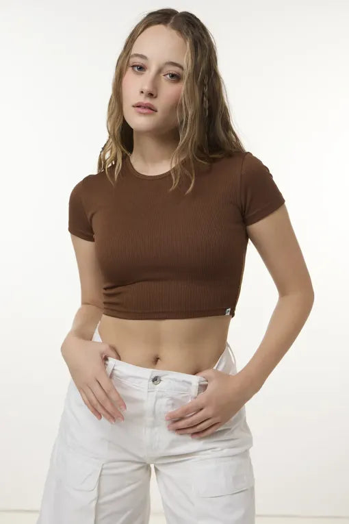Brown Solid Cropped Top