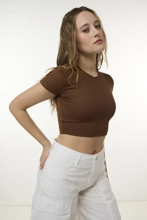 Brown Solid Cropped Top