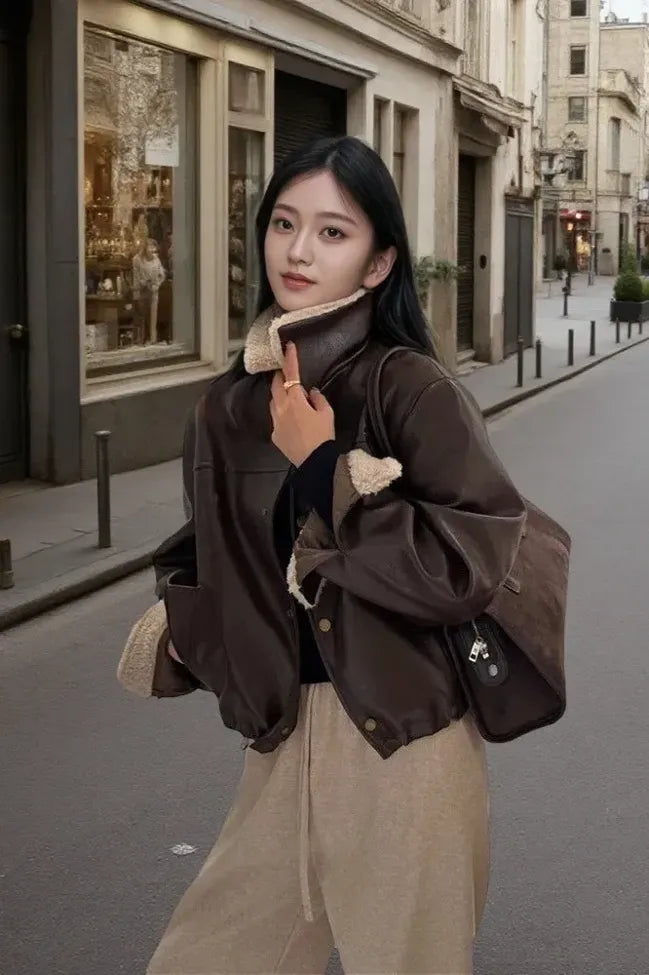 Dark Brown Fleece Lined PU Jacket
